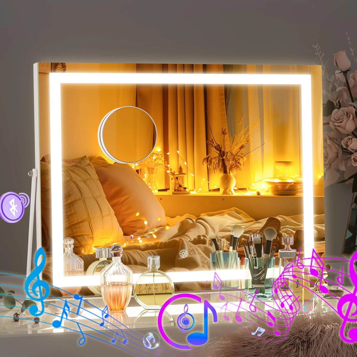 Hasipu LED Makeup Mirror with Bluetooth Speaker, 14" x 11" Vanity Mirror with Lights, Square White Frame, 3 Modes Light, Smart Touch Control Dimmable, 360°Rotation, with 5X Magnifying Glass