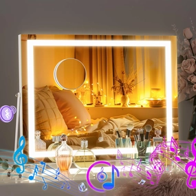 Hasipu LED Makeup Mirror with Bluetooth Speaker, 14" x 11" Vanity Mirror with Lights, Square White Frame, 3 Modes Light, Smart Touch Control Dimmable, 360°Rotation, with 5X Magnifying Glass