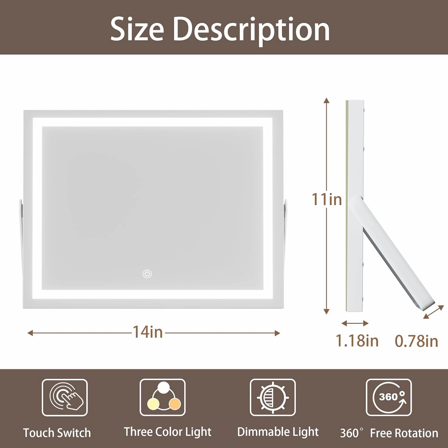 Hasipu LED Makeup Mirror with Bluetooth Speaker, 14" x 11" Vanity Mirror with Lights, Square White Frame, 3 Modes Light, Smart Touch Control Dimmable, 360°Rotation, with 5X Magnifying Glass