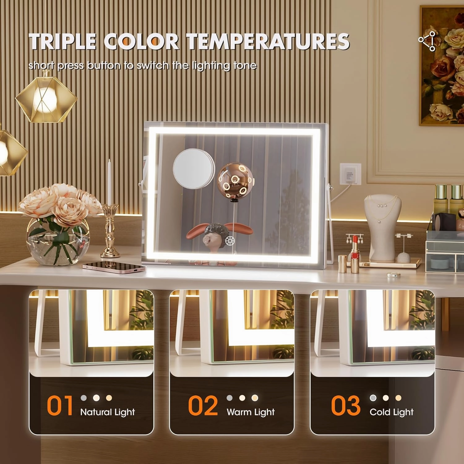 Hasipu LED Makeup Mirror with Bluetooth Speaker, 14" x 11" Vanity Mirror with Lights, Square White Frame, 3 Modes Light, Smart Touch Control Dimmable, 360°Rotation, with 5X Magnifying Glass