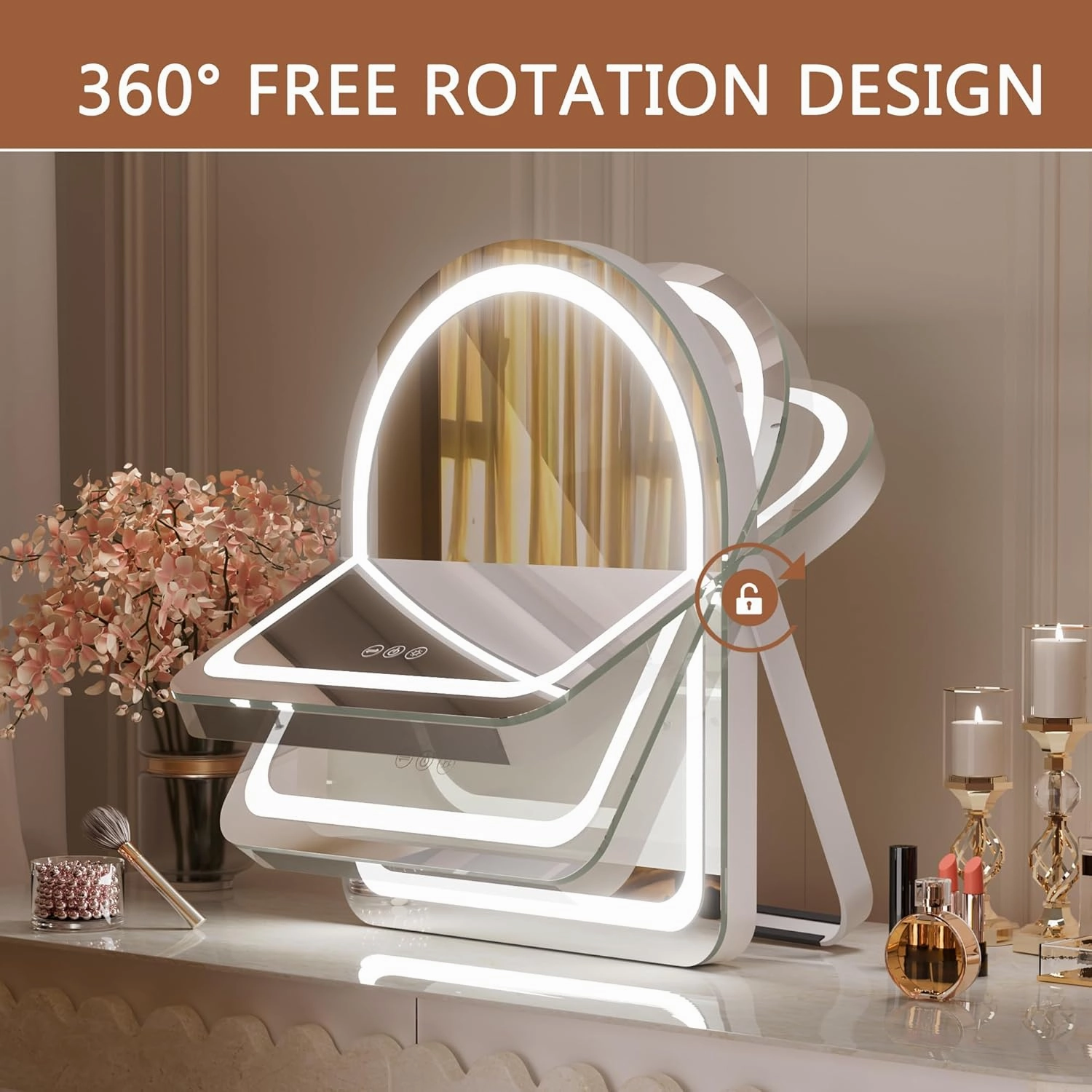 Hasipu Vanity Mirror with Lights, 11"× 14" Arched LED Makeup Mirror, Lighted Makeup Mirror with Lights, Smart Touch Control Dimmable 3 Modes Light 360°Rotation White
