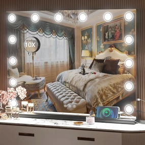 Hasipu Vanity Mirror with Lights, 32" x 24" Makeup Mirror, Light up Mirror with 14 Dimmable LED Lights and 10X Magnification, 3 Colors Modes, Touch Control, USB Charging Port, Black