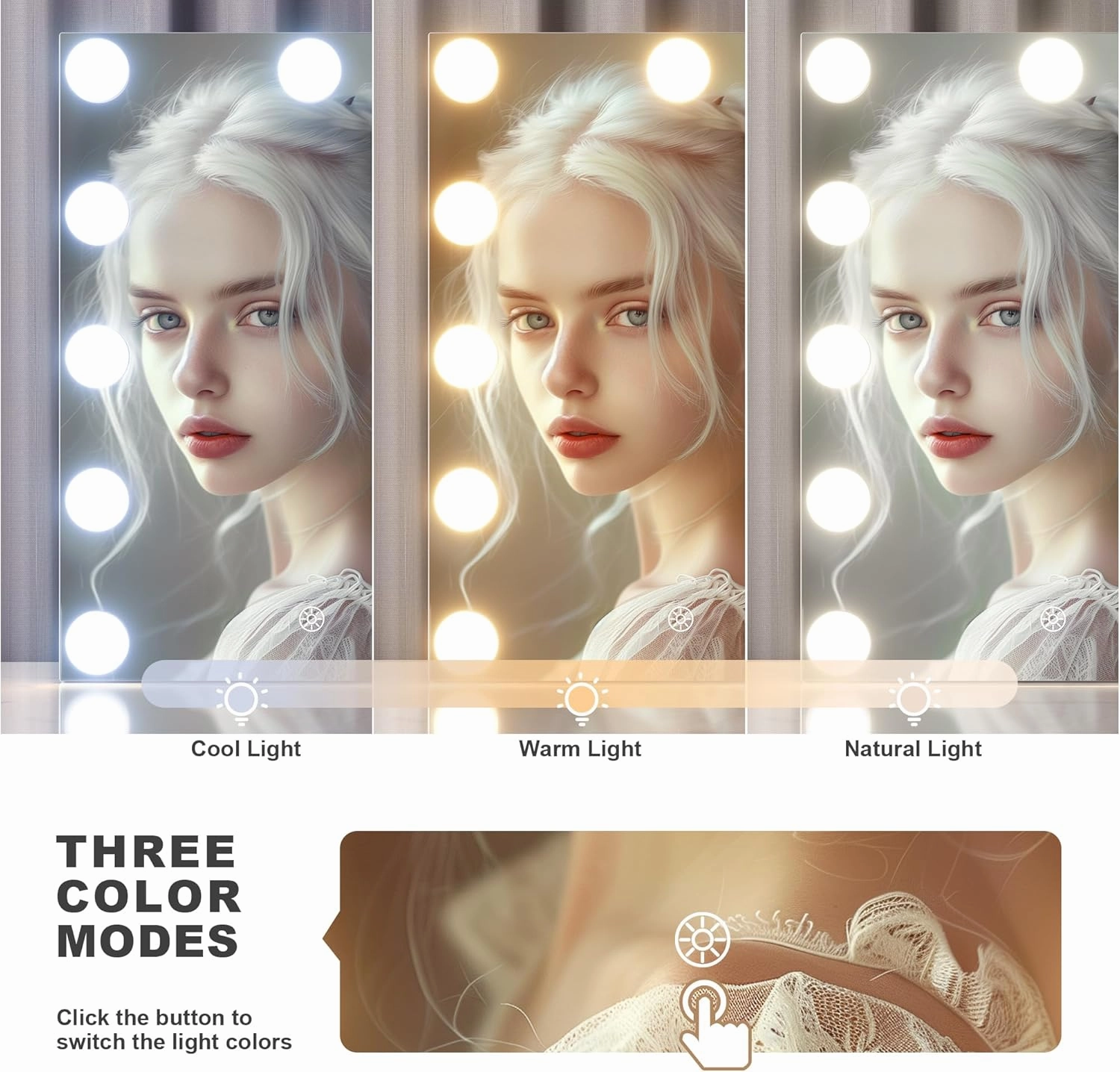 Hasipu Vanity Mirror with Lights and Bluetooth Speaker, 11" x 14" Hollywood Mirror, Makeup Mirror with 11 Dimmable Bulbs and 10X Magnification, 3 Colors Modes, Touch Control, 360° Rotation, White
