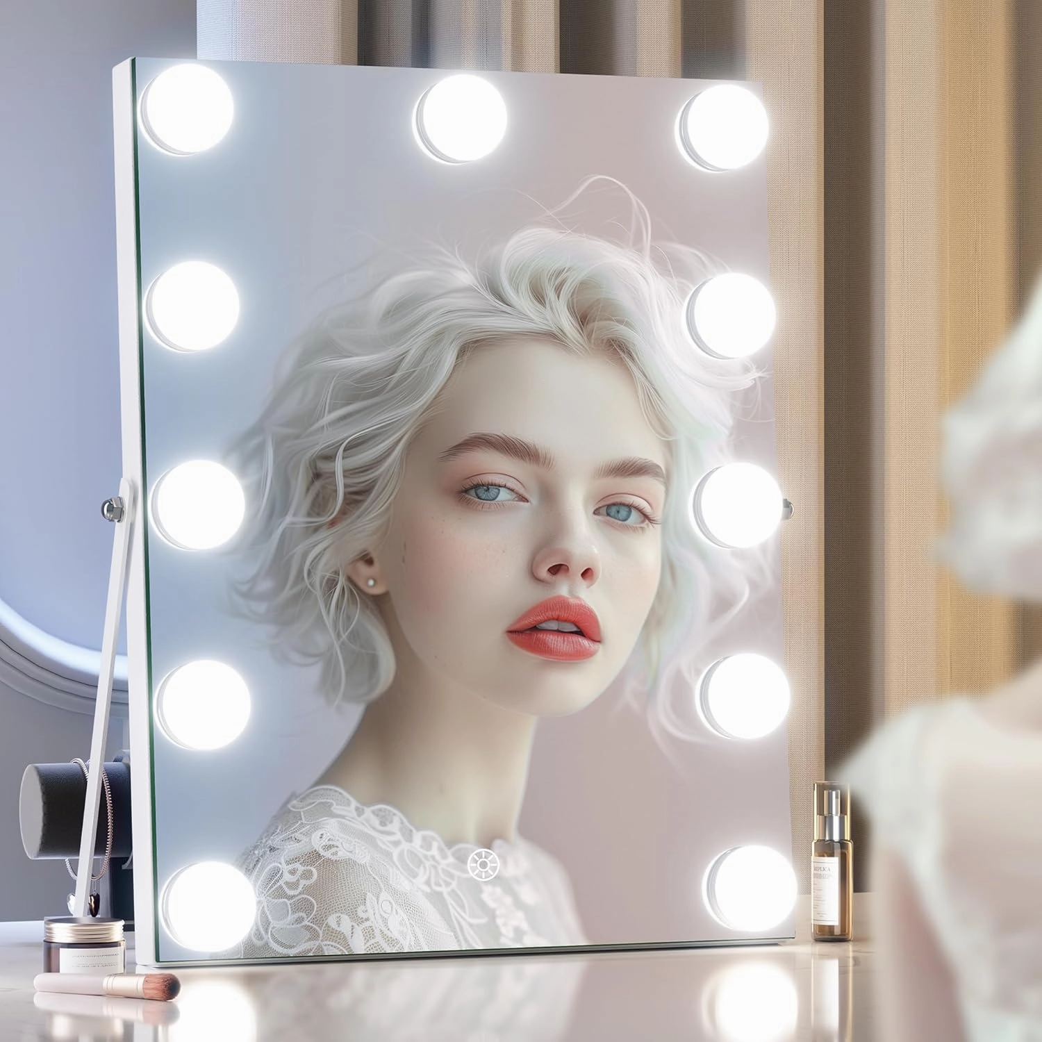 Hasipu Vanity Mirror with Lights and Bluetooth Speaker, 11" x 14" Hollywood Mirror, Makeup Mirror with 11 Dimmable Bulbs and 10X Magnification, 3 Colors Modes, Touch Control, 360° Rotation, White