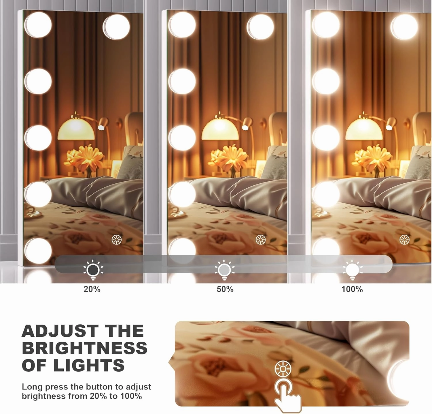 Hasipu Vanity Mirror with Lights and Bluetooth Speaker, 11" x 14" Hollywood Mirror, Makeup Mirror with 11 Dimmable Bulbs and 10X Magnification, 3 Colors Modes, Touch Control, 360° Rotation, White