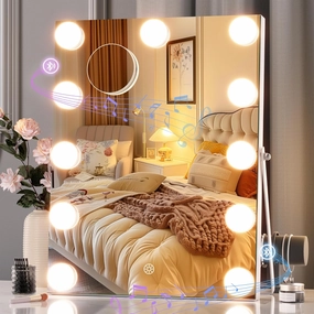 Hasipu Vanity Mirror with Lights and Bluetooth Speaker, 11" x 14" Hollywood Mirror, Makeup Mirror with 11 Dimmable Bulbs and 10X Magnification, 3 Colors Modes, Touch Control, 360° Rotation, White
