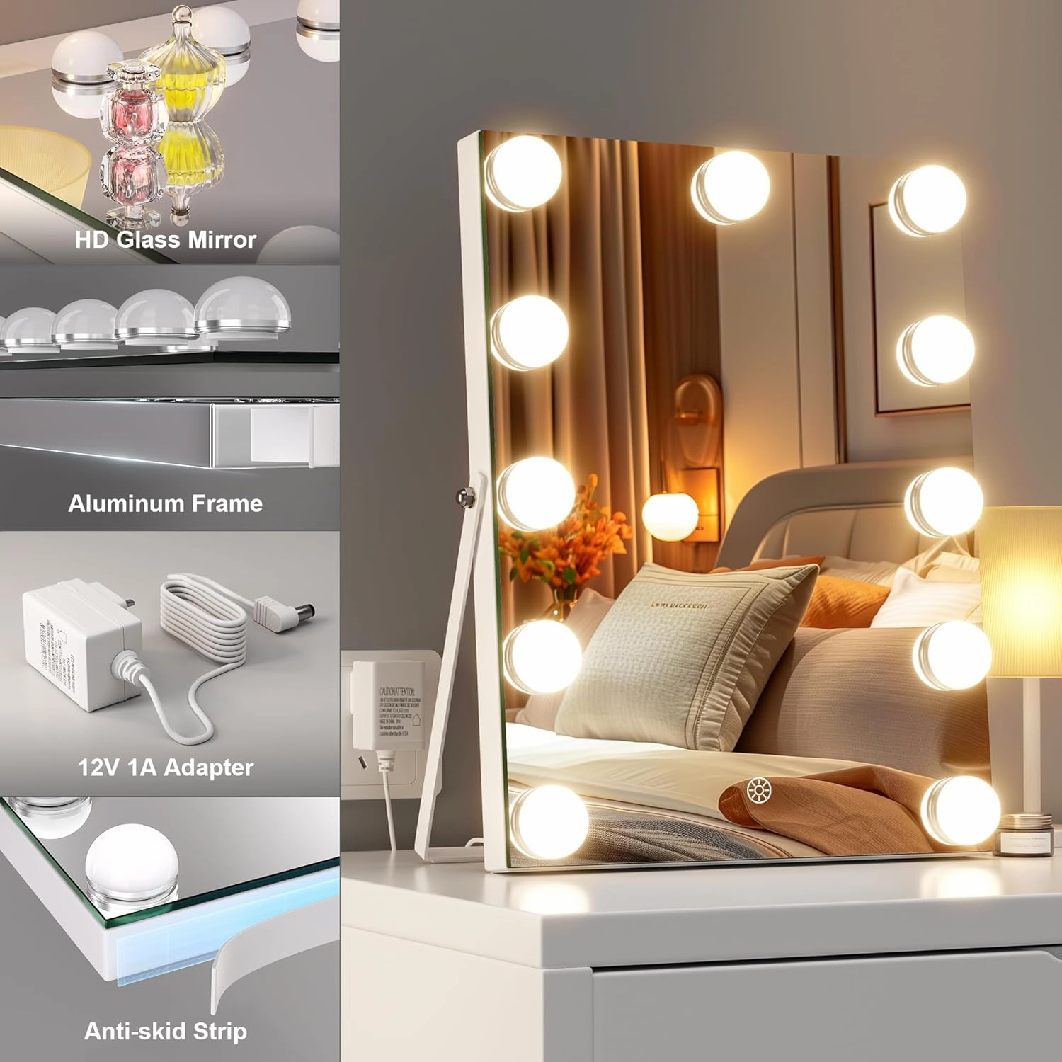 Hasipu Vanity Mirror with Lights and Bluetooth Speaker, 11" x 14" Hollywood Mirror, Makeup Mirror with 11 Dimmable Bulbs and 10X Magnification, 3 Colors Modes, Touch Control, 360° Rotation, White