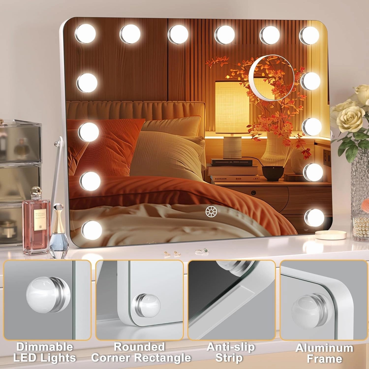 Hasipu Vanity Mirror with Lights, Hollywood 18" x 14" LED Makeup Mirror, 3 Modes Light, Smart Touch Control Dimmable, 360°Rotation, Rounded Rectangle White Frame