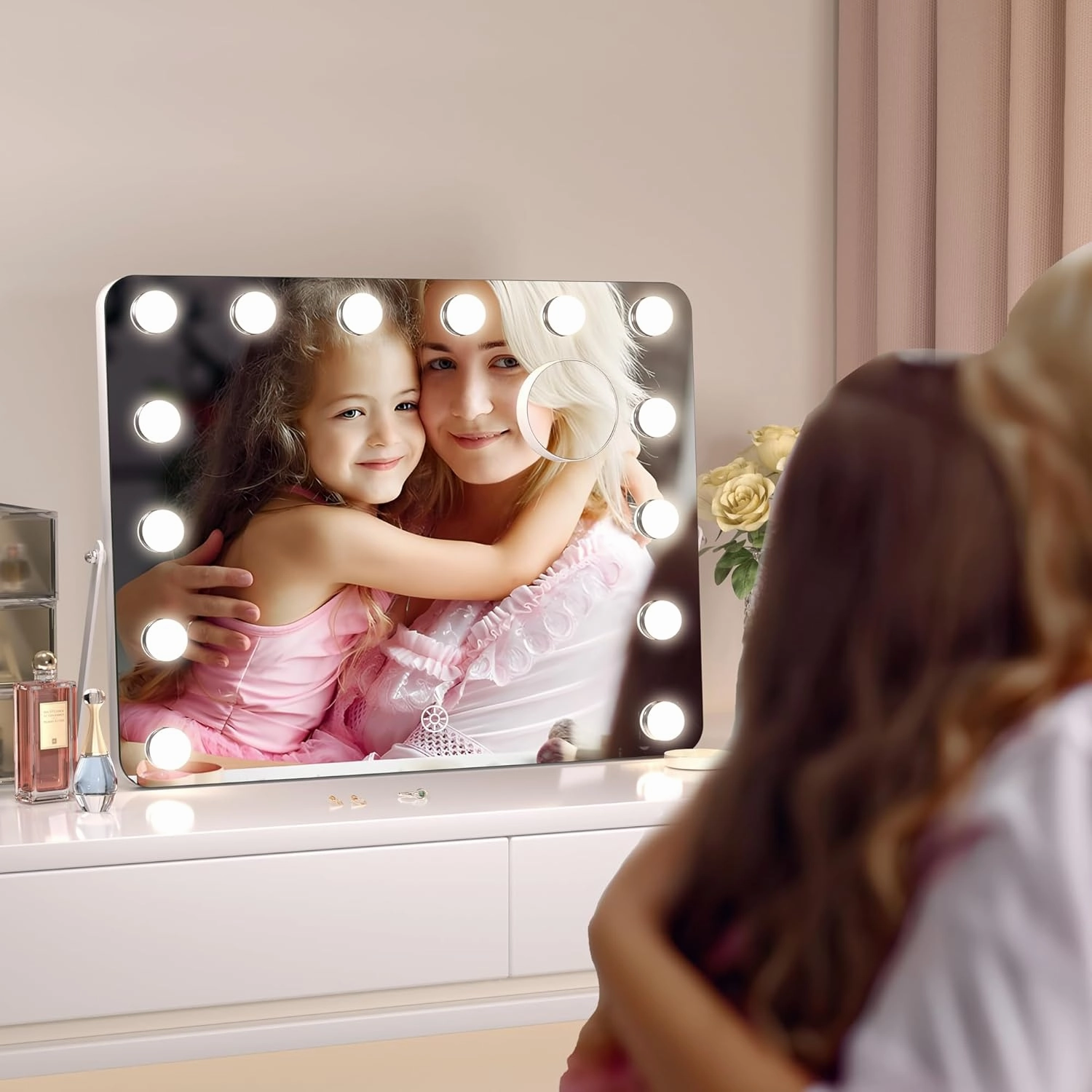 Hasipu Vanity Mirror with Lights, Hollywood 18" x 14" LED Makeup Mirror, 3 Modes Light, Smart Touch Control Dimmable, 360°Rotation, Rounded Rectangle White Frame