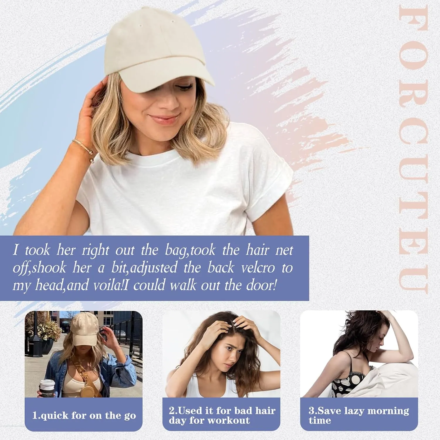Hat Wigs for Women Baseball Cap with Hair Extensions Short Wave Synthetic Baseball Cap Wig for Women Adjustable Hat with Hair Attached for Daily Use(14inch)