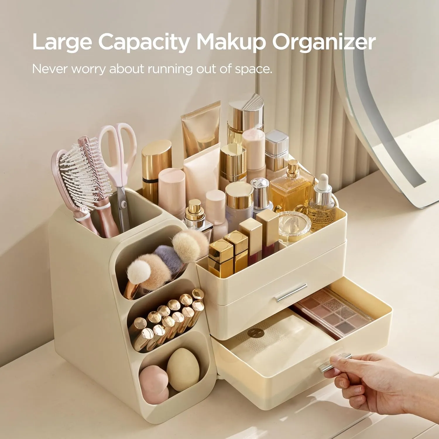 HBlife Makeup Organizer with Brush Holder for Vanity, Large Plastic Bathroom Countertop Organizer Skin Care Storage, Easy to Store Lipsticks, Nail Polishes, Perfumes, Eyeshadow Palettes, All Beige