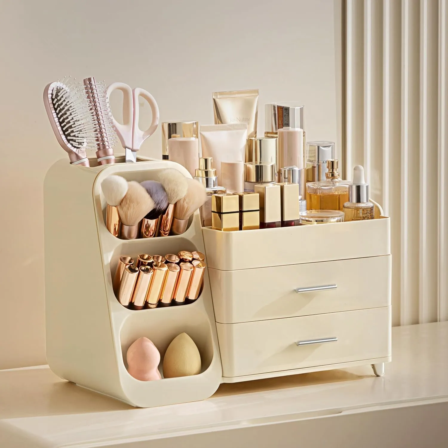 HBlife Makeup Organizer with Brush Holder for Vanity, Large Plastic Bathroom Countertop Organizer Skin Care Storage, Easy to Store Lipsticks, Nail Polishes, Perfumes, Eyeshadow Palettes, All Beige