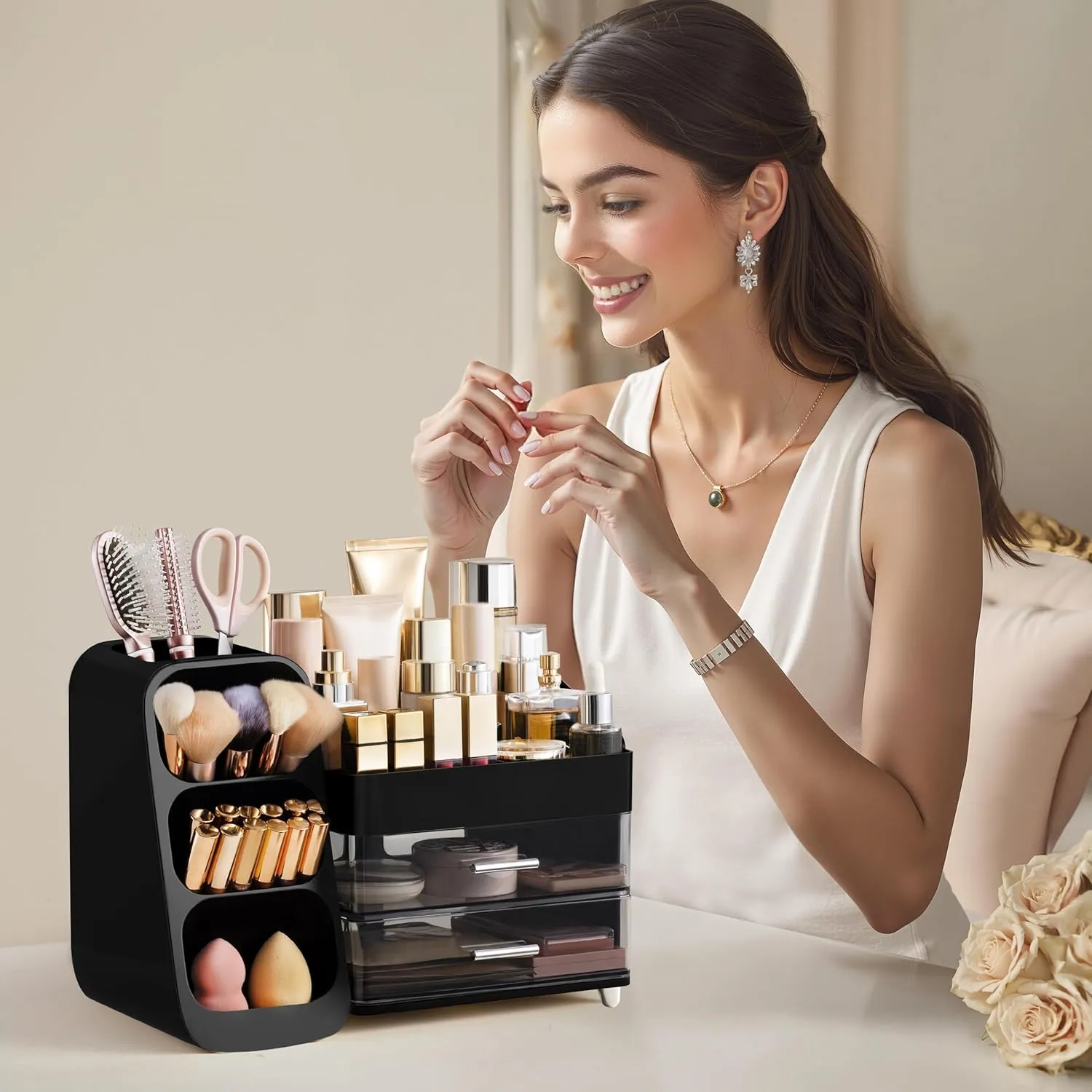 HBlife Makeup Organizer with Brush Holder for Vanity, Large Plastic Bathroom Countertop Organizer Skin Care Storage, Easy to Store Lipsticks, Nail Polishes, Perfumes, Eyeshadow Palettes, Black