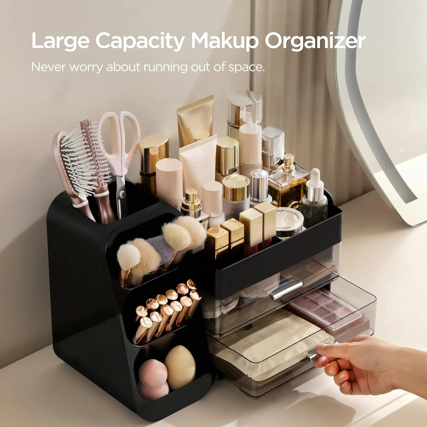 HBlife Makeup Organizer with Brush Holder for Vanity, Large Plastic Bathroom Countertop Organizer Skin Care Storage, Easy to Store Lipsticks, Nail Polishes, Perfumes, Eyeshadow Palettes, Black