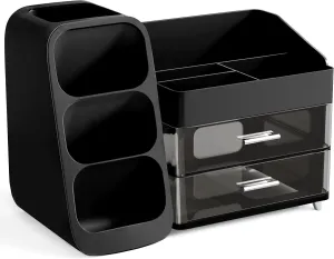 HBlife Makeup Organizer with Brush Holder for Vanity, Large Plastic Bathroom Countertop Organizer Skin Care Storage, Easy to Store Lipsticks, Nail Polishes, Perfumes, Eyeshadow Palettes, Black