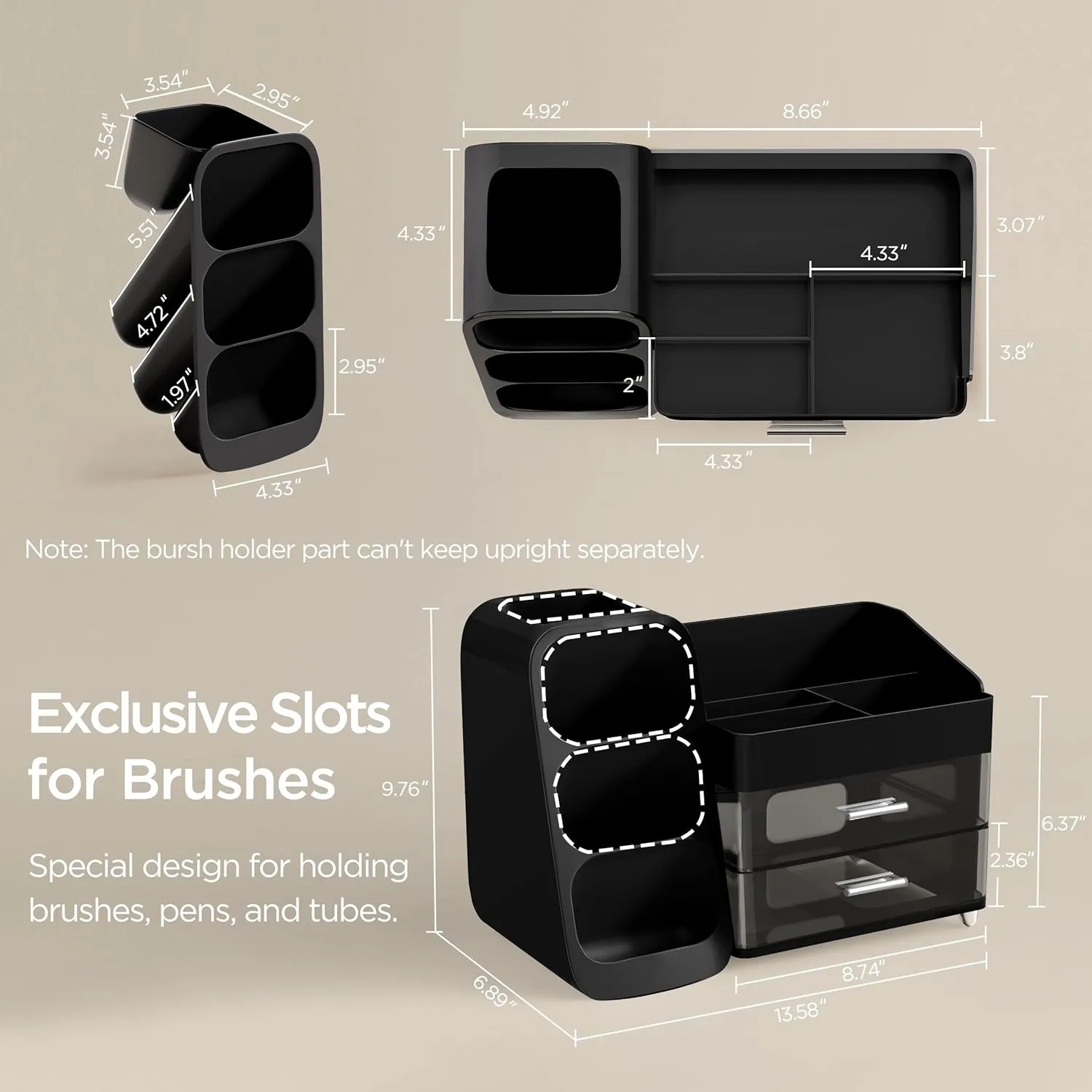 HBlife Makeup Organizer with Brush Holder for Vanity, Large Plastic Bathroom Countertop Organizer Skin Care Storage, Easy to Store Lipsticks, Nail Polishes, Perfumes, Eyeshadow Palettes, Black