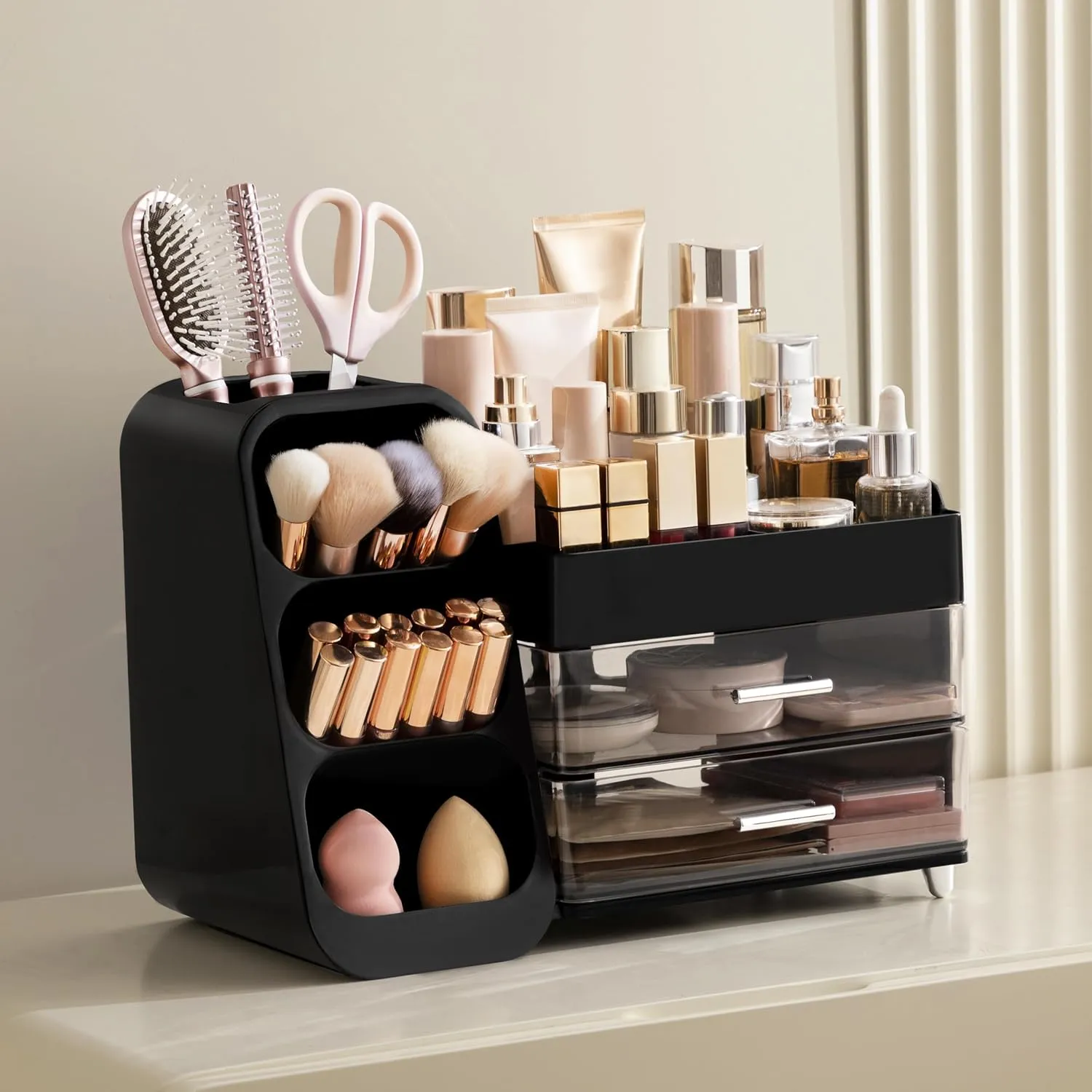 HBlife Makeup Organizer with Brush Holder for Vanity, Large Plastic Bathroom Countertop Organizer Skin Care Storage, Easy to Store Lipsticks, Nail Polishes, Perfumes, Eyeshadow Palettes, Black