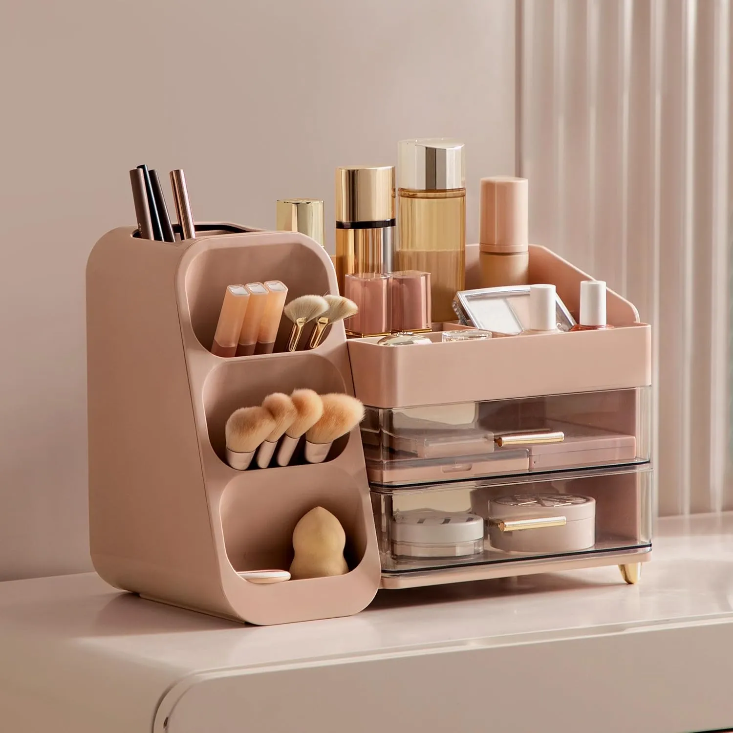 HBlife Makeup Organizer with Brush Holder for Vanity, Large Plastic Bathroom Countertop Organizer Skin Care Storage, Easy to Store Lipsticks, Nail Polishes, Perfumes, Eyeshadow Palettes, Pink