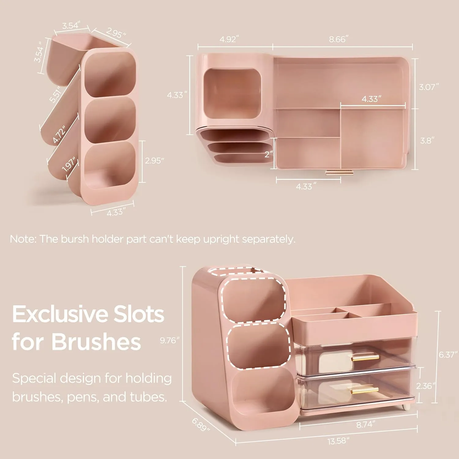 HBlife Makeup Organizer with Brush Holder for Vanity, Large Plastic Bathroom Countertop Organizer Skin Care Storage, Easy to Store Lipsticks, Nail Polishes, Perfumes, Eyeshadow Palettes, Pink