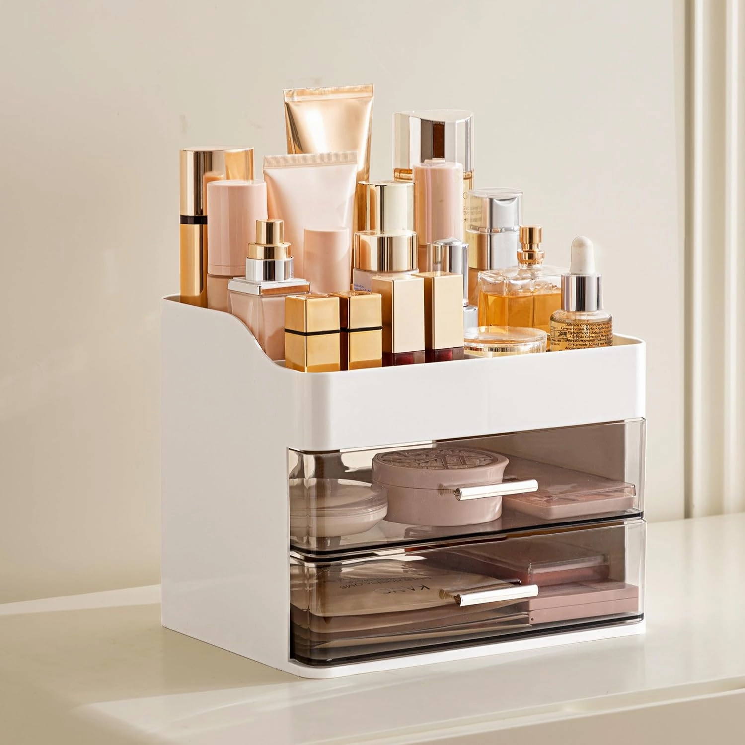 HBlife Makeup Organizer for Vanity with 2 Drawers, Large Plastic Bathroom Countertop Cosmetics Organizer Skin Care Storage, Easy to Store Lipsticks, Nail Polishes, Perfumes, Eyeshadow Palettes, White