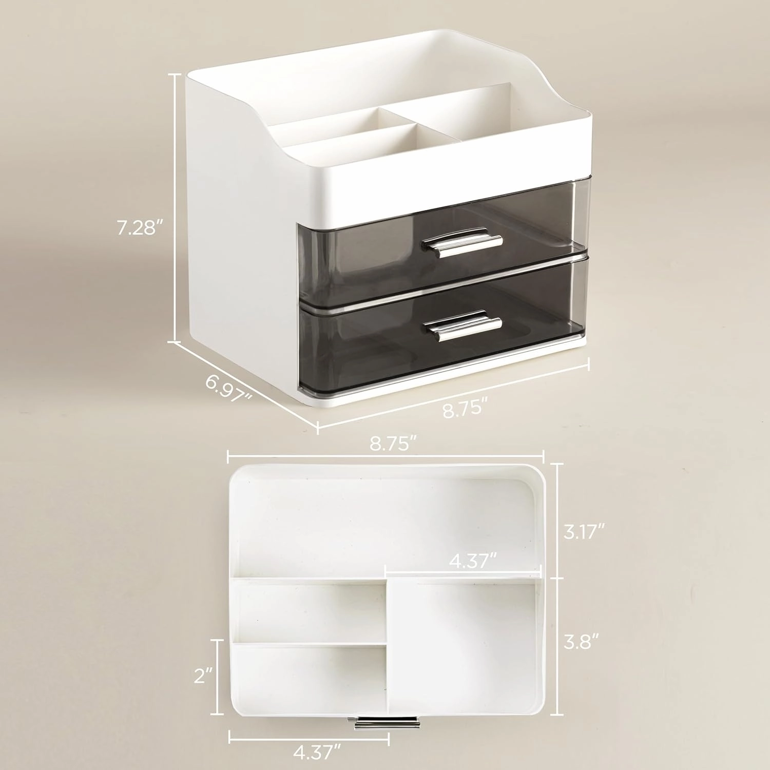 HBlife Makeup Organizer for Vanity with 2 Drawers, Large Plastic Bathroom Countertop Cosmetics Organizer Skin Care Storage, Easy to Store Lipsticks, Nail Polishes, Perfumes, Eyeshadow Palettes, White