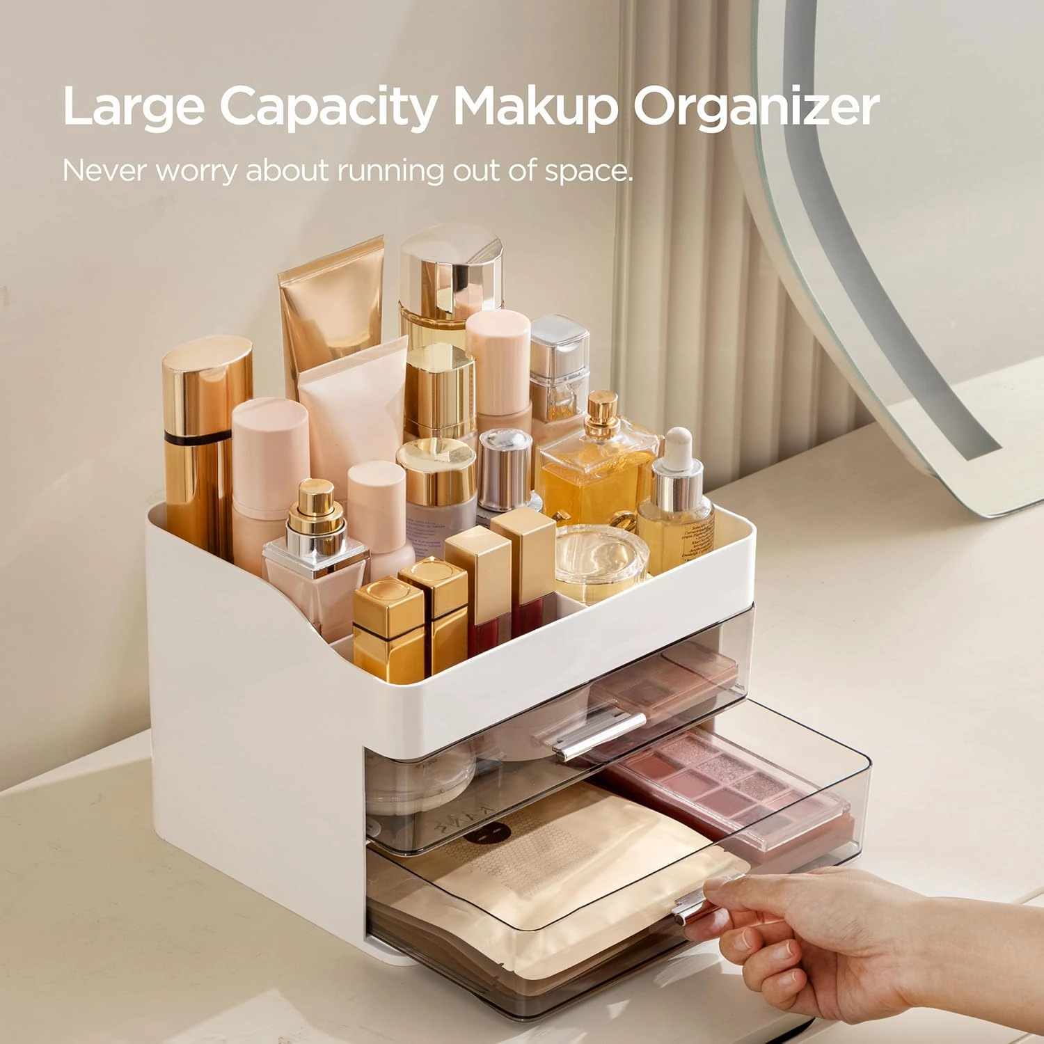 HBlife Makeup Organizer for Vanity with 2 Drawers, Large Plastic Bathroom Countertop Cosmetics Organizer Skin Care Storage, Easy to Store Lipsticks, Nail Polishes, Perfumes, Eyeshadow Palettes, White