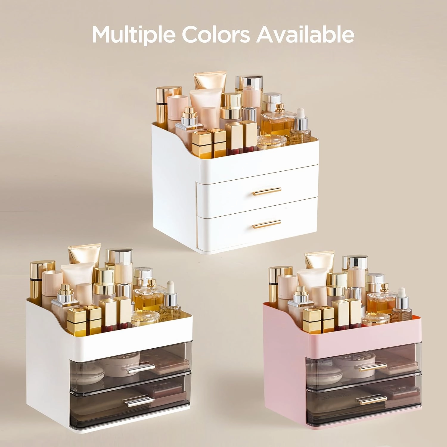 HBlife Makeup Organizer for Vanity with 2 Drawers, Large Plastic Bathroom Countertop Cosmetics Organizer Skin Care Storage, Easy to Store Lipsticks, Nail Polishes, Perfumes, Eyeshadow Palettes, White