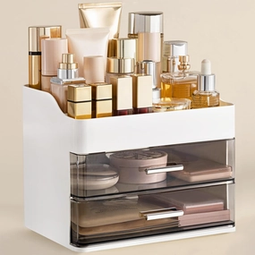 HBlife Makeup Organizer for Vanity with 2 Drawers, Large Plastic Bathroom Countertop Cosmetics Organizer Skin Care Storage, Easy to Store Lipsticks, Nail Polishes, Perfumes, Eyeshadow Palettes, White