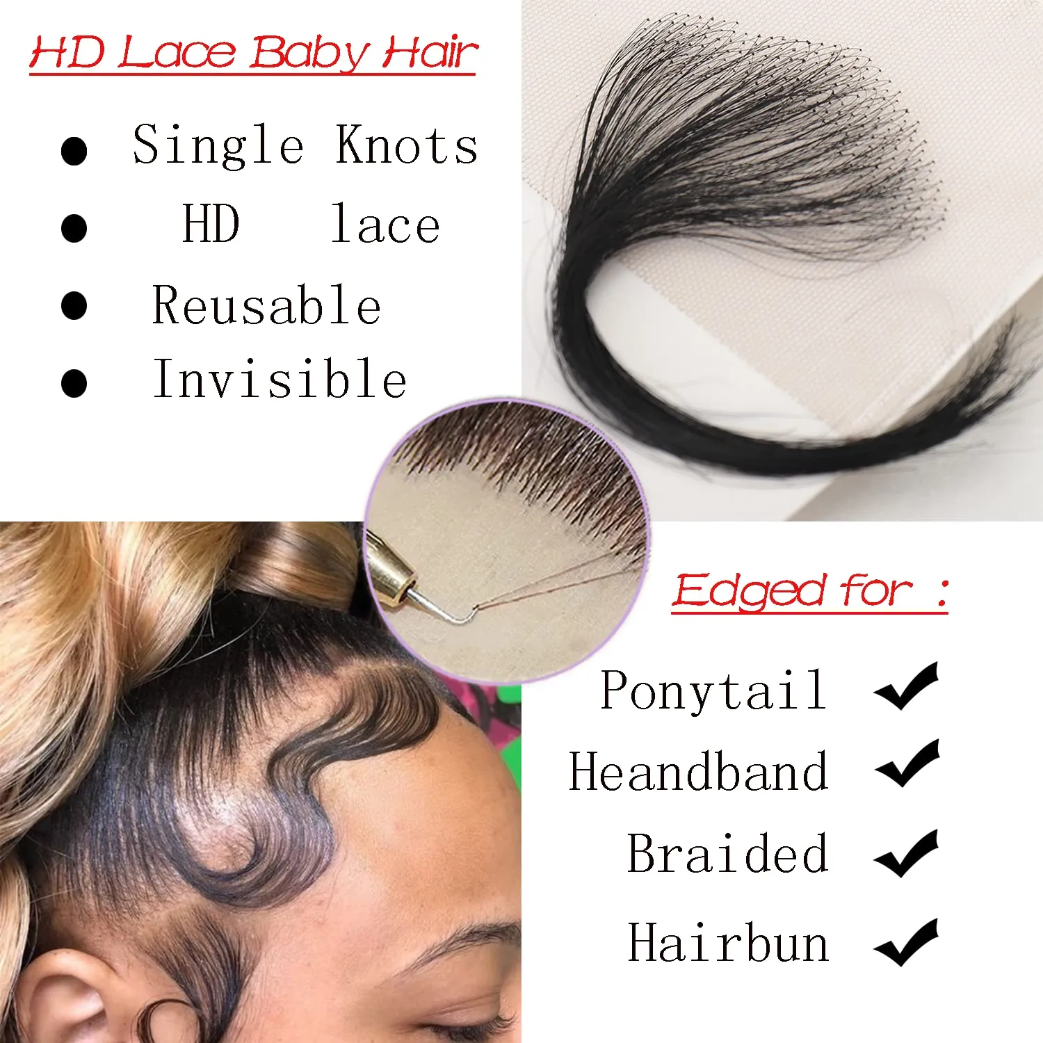 HD Lace Edges Baby Hair Strips for Black Women - 4Pcs Virgin Human Hair Pieces Swiss Hairline Instant Fake Edges