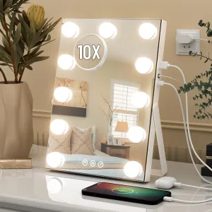 Hollywood Vanity Mirror, 11"x 14" Hollywood Lighted Makeup Mirror with Detachable 10X Magnification & 11Dimmable 3 Colors Modes LED Bulbs, Touch Control,Type-C Charging Port, White