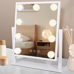 Hollywood Vanity Mirror with Lights, Tabletop Makeup Mirror with 9 LED Bulbs, 3 Color Light Modes, 360° Rotation, Smart Touch Control, 14-Inch Vanity Mirror with Lights for Makeup Desk