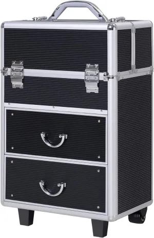 HOMCOM Professional Rolling Full Makeup Travel Train Case, Large Storage Cosmetic Trolley with Folding Trays, Drawer and Locks, Black
