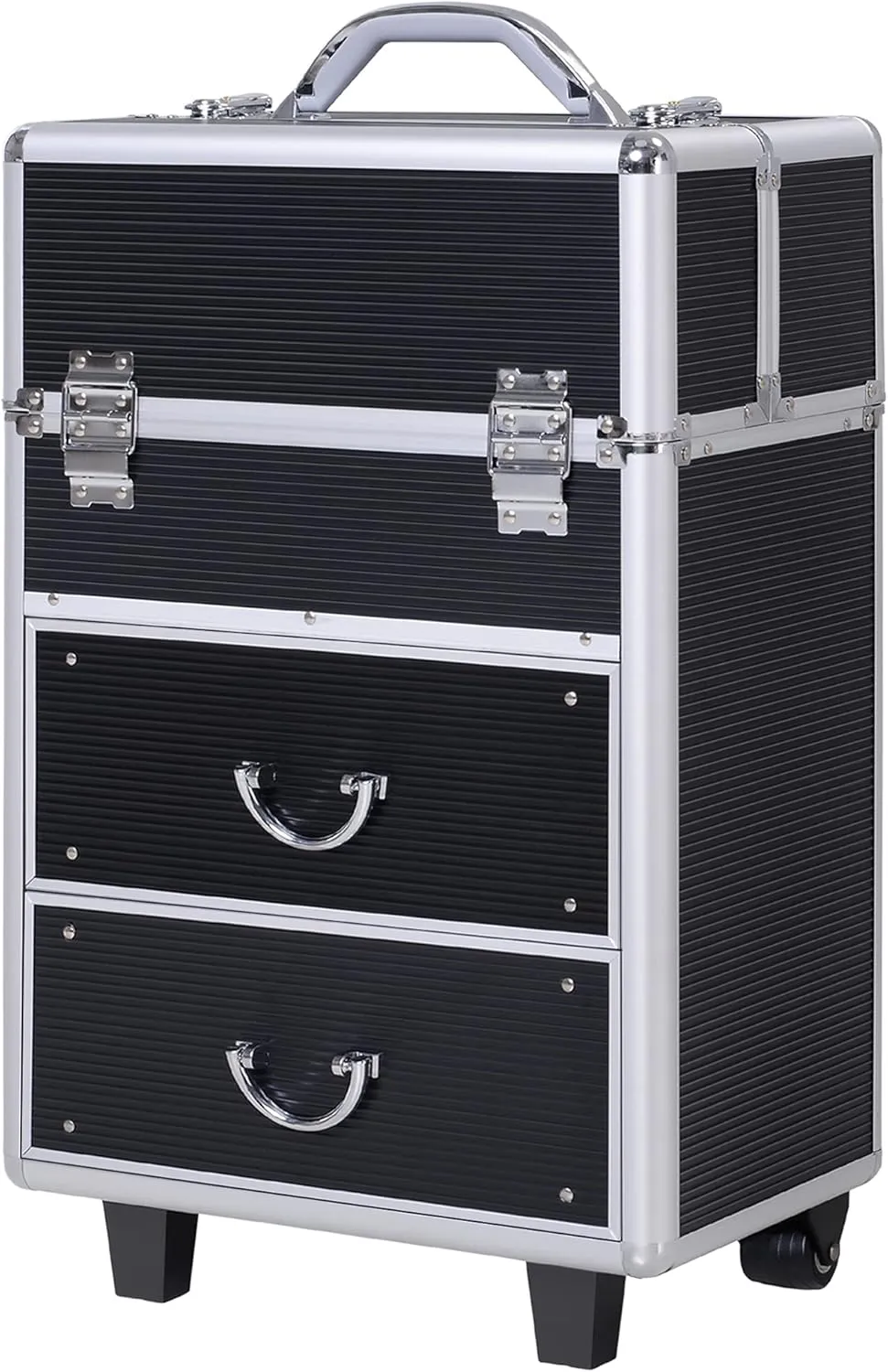 HOMCOM Professional Rolling Full Makeup Travel Train Case, Large Storage Cosmetic Trolley with Folding Trays, Drawer and Locks, Black