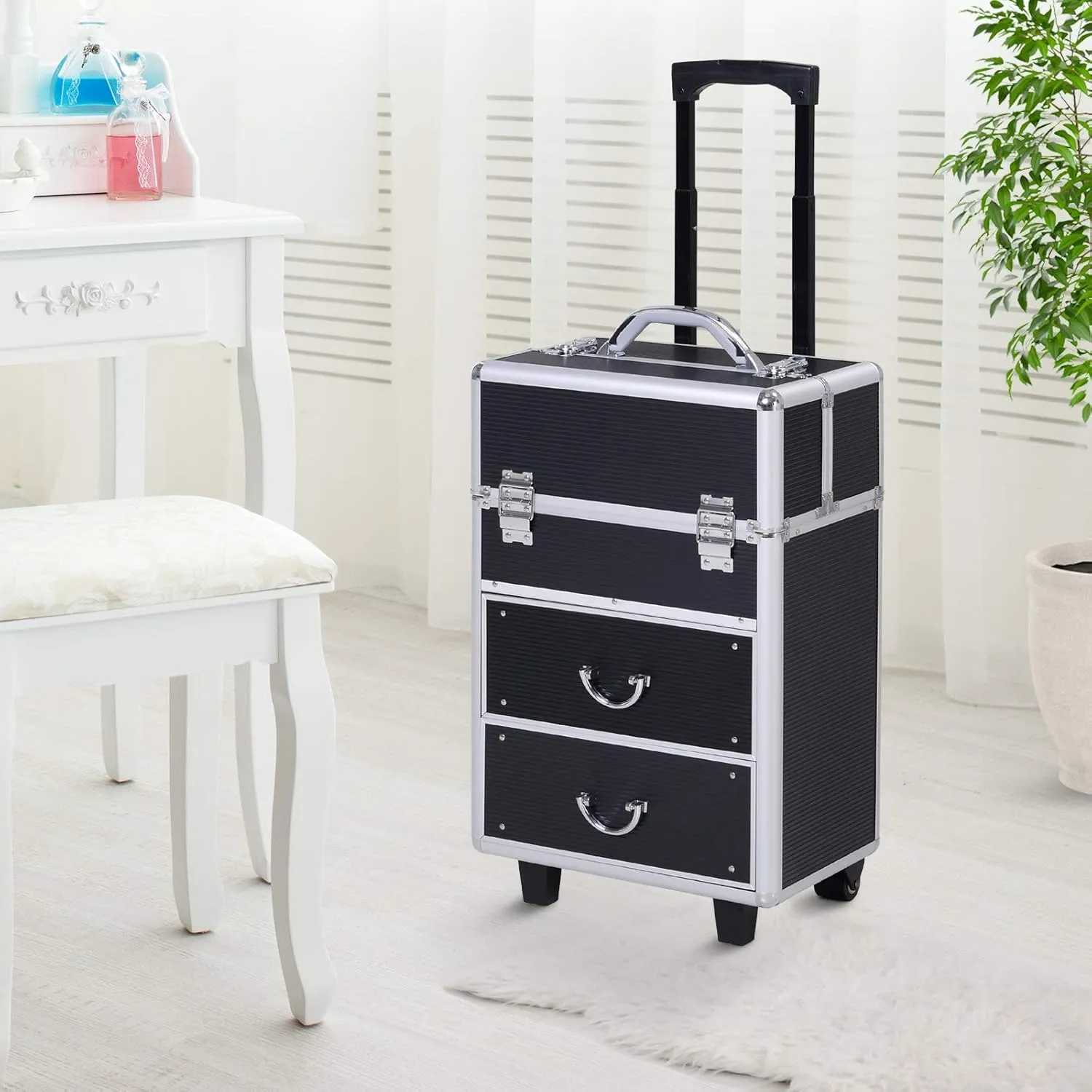 HOMCOM Professional Rolling Full Makeup Travel Train Case, Large Storage Cosmetic Trolley with Folding Trays, Drawer and Locks, Black
