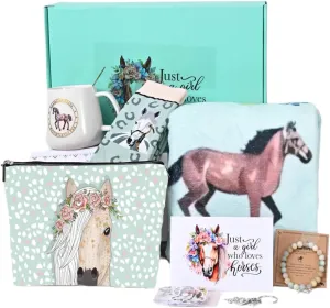 Horse Lovers Gift Set, 9 Pieces with Throw Blanket, Coffee Mugs, Socks, Keychain, Bracelet, Makeup Bag, Stickers