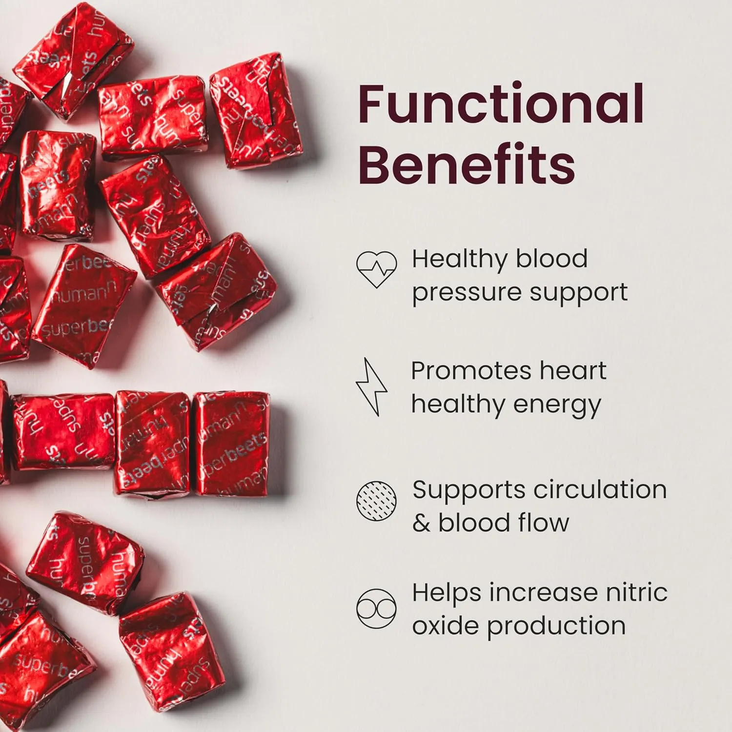 humanN SuperBeets Heart Chews, Nitric Oxide and Blood Pressure Support, Grape Seed Extract & Non-GMO Beet Root Powder Energy Supplement, Pomegranate Berry Flavor, 60 Count