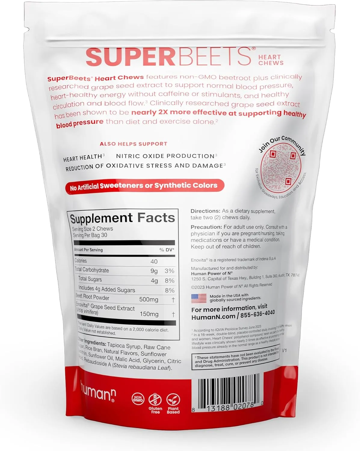 humanN SuperBeets Heart Chews, Nitric Oxide and Blood Pressure Support, Grape Seed Extract & Non-GMO Beet Root Powder Energy Supplement, Pomegranate Berry Flavor, 60 Count