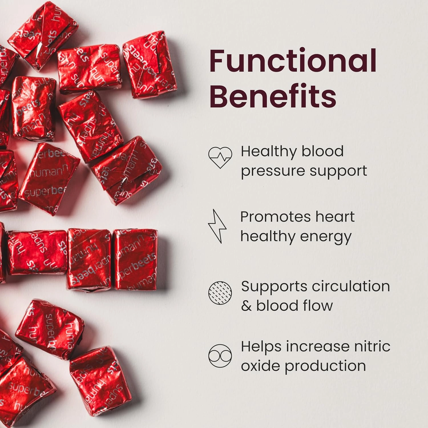 humanN SuperBeets Heart Chews, Nitric Oxide and Blood Pressure Support, Grape Seed Extract & Non-GMO Beet Root Powder Energy Supplement, Pomegranate Berry Flavor, 60 Count