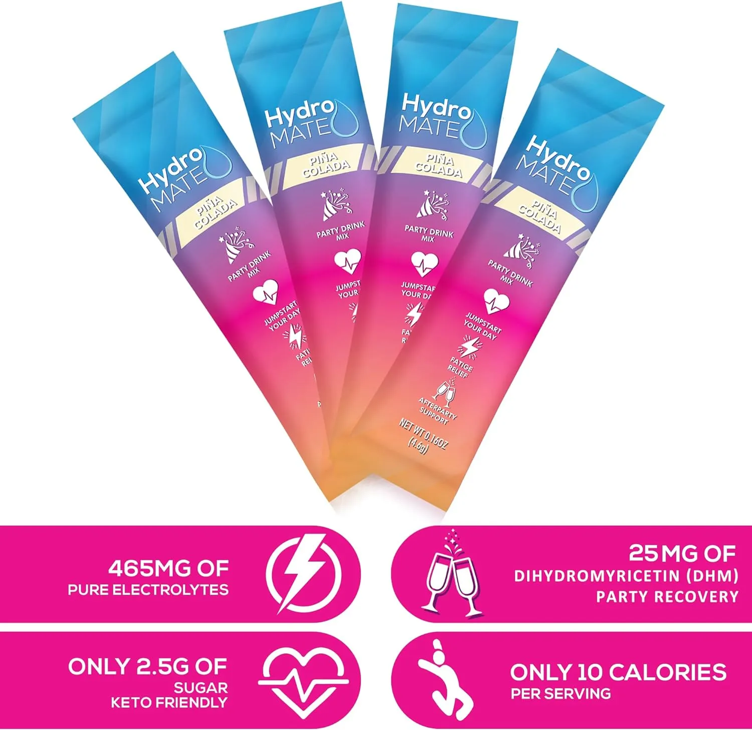 HydroMATE Electrolyte Powder Low Sugar Pina Colada - 30 Count Instant Hydration Accelerator Drink Mix for Fast Recovery to Boost Energy - Supports Hydration on Keto Diet & Party Recovery