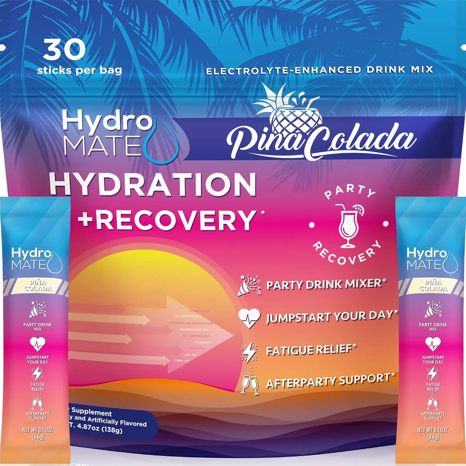 HydroMATE Electrolyte Powder Low Sugar Pina Colada - 30 Count Instant Hydration Accelerator Drink Mix for Fast Recovery to Boost Energy - Supports Hydration on Keto Diet & Party Recovery