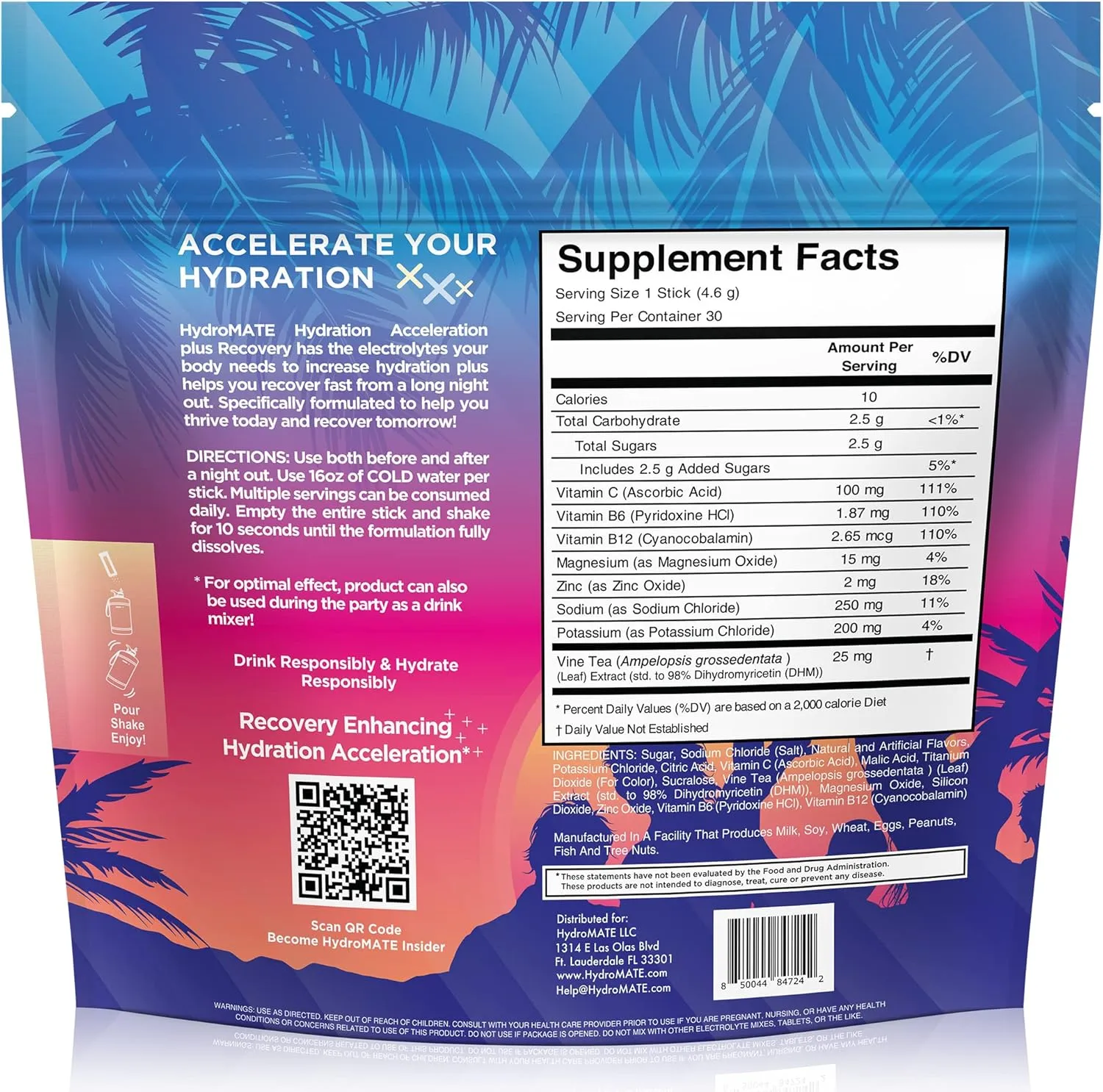 HydroMATE Electrolyte Powder Low Sugar Pina Colada - 30 Count Instant Hydration Accelerator Drink Mix for Fast Recovery to Boost Energy - Supports Hydration on Keto Diet & Party Recovery