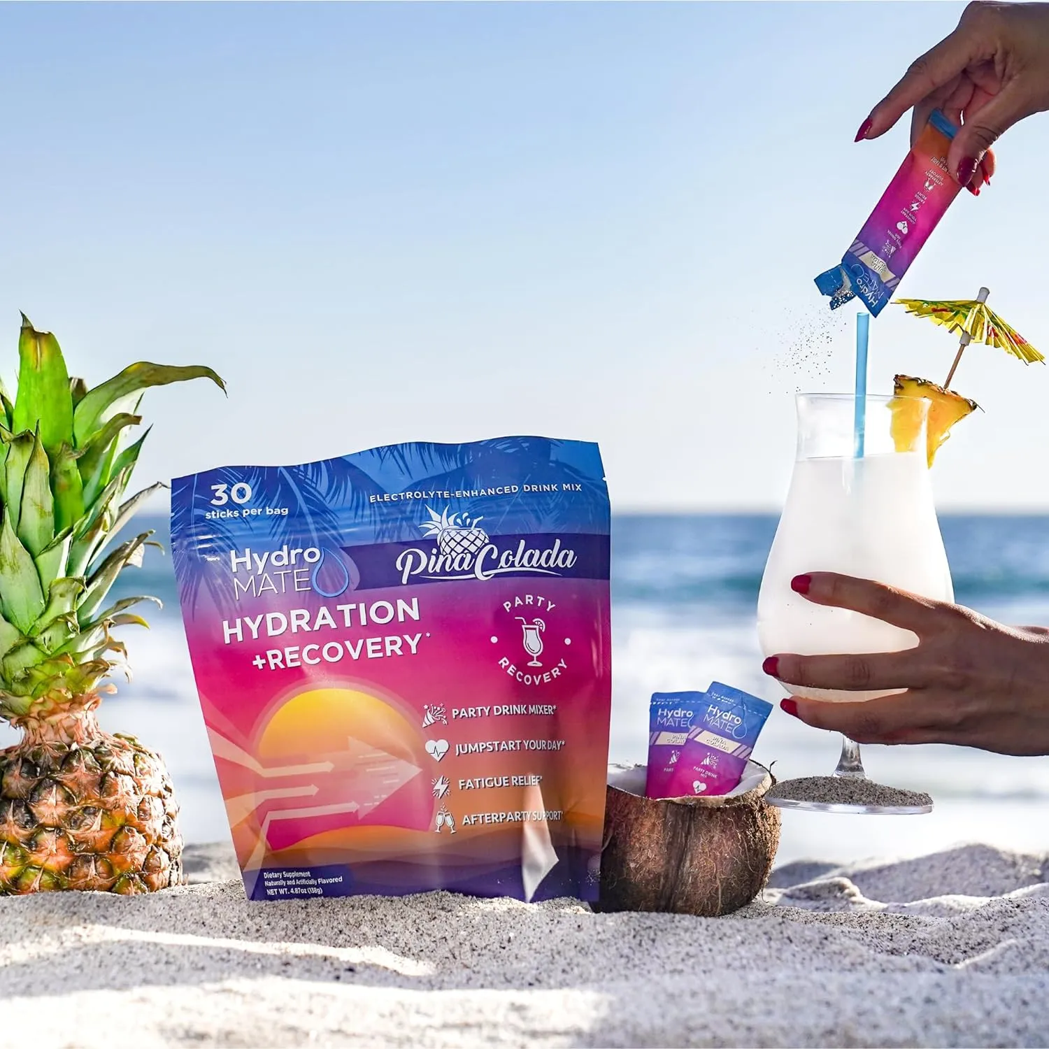 HydroMATE Electrolyte Powder Low Sugar Pina Colada - 30 Count Instant Hydration Accelerator Drink Mix for Fast Recovery to Boost Energy - Supports Hydration on Keto Diet & Party Recovery