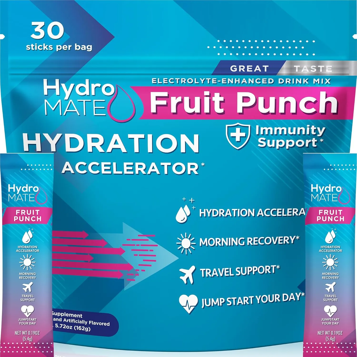 HydroMATE Electrolytes Powder Low Sugar - 30 Count Fruit Punch Instant Hydration Packets with Vitamin C to Boost Energy - Low Sugar Electrolytes Powder Packets to Support Hydration Fast Party Recovery