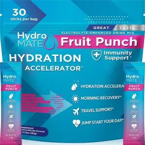 HydroMATE Electrolytes Powder Low Sugar - 30 Count Fruit Punch Instant Hydration Packets with Vitamin C to Boost Energy - Low Sugar Electrolytes Powder Packets to Support Hydration Fast Party Recovery