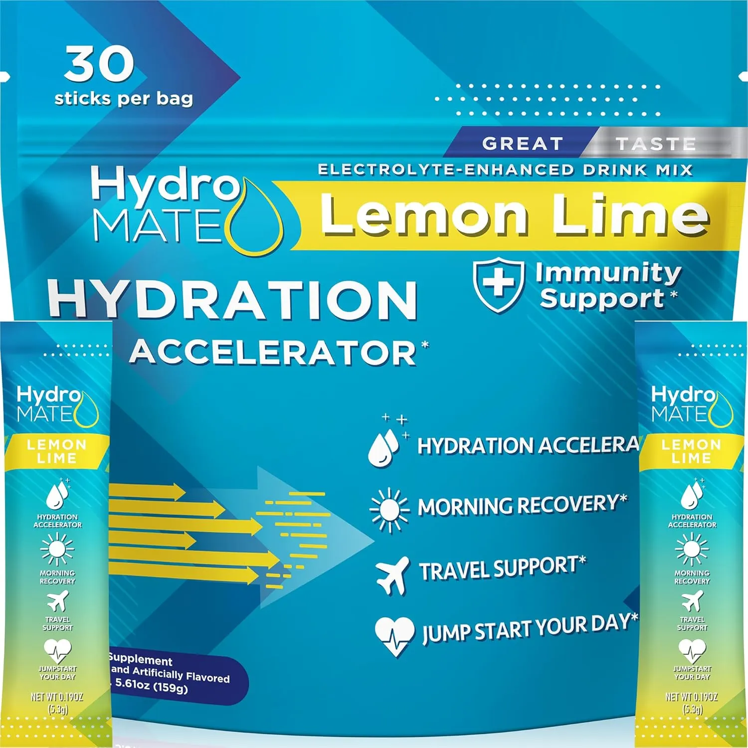 HydroMATE Electrolytes Powder Low Sugar - 30 Count Lemon Lime Instant Hydration Packets with Vitamin C to Boost Energy - Low Sugar Electrolytes Powder Packets to Support Hydration Fast Party Recovery