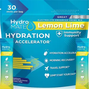 HydroMATE Electrolytes Powder Low Sugar - 30 Count Lemon Lime Instant Hydration Packets with Vitamin C to Boost Energy - Low Sugar Electrolytes Powder Packets to Support Hydration Fast Party Recovery