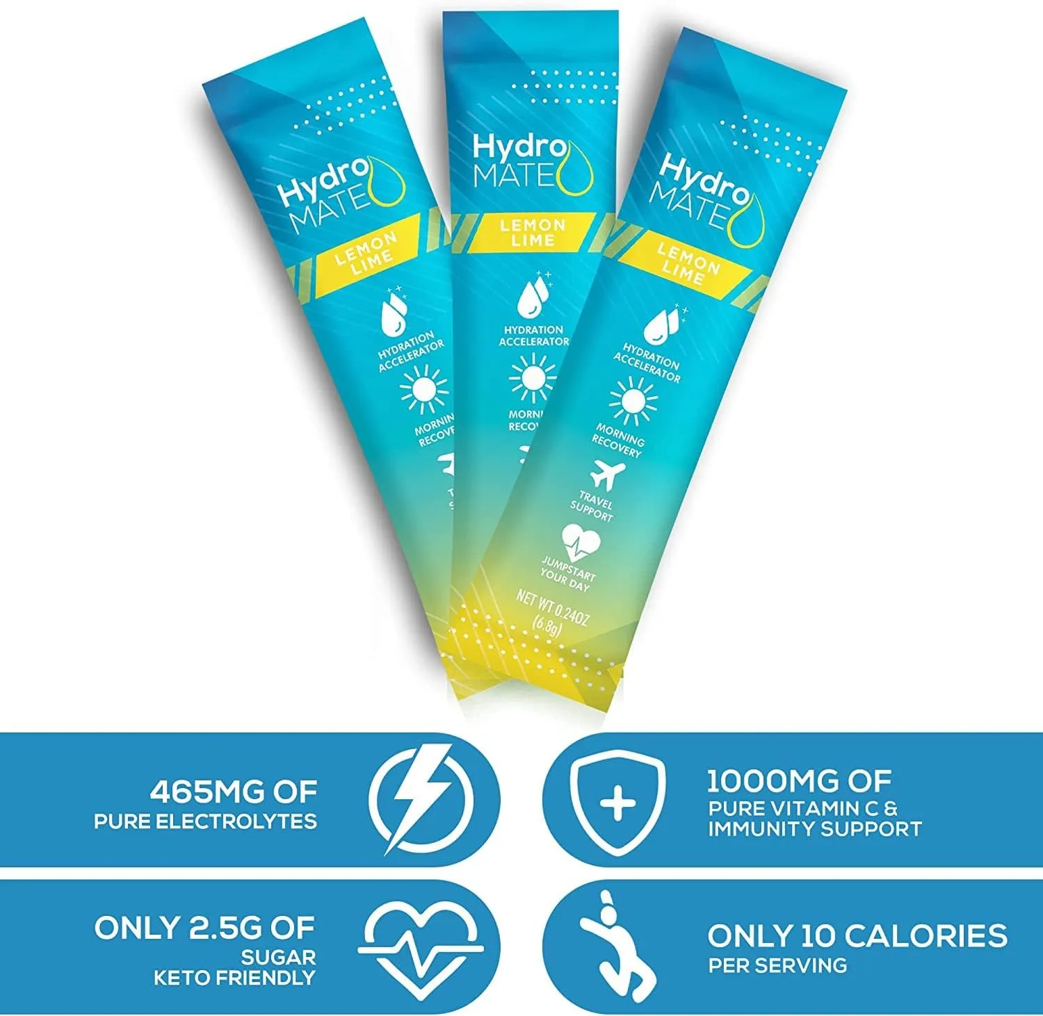 HydroMATE Electrolytes Powder Low Sugar - 30 Count Lemon Lime Instant Hydration Packets with Vitamin C to Boost Energy - Low Sugar Electrolytes Powder Packets to Support Hydration Fast Party Recovery