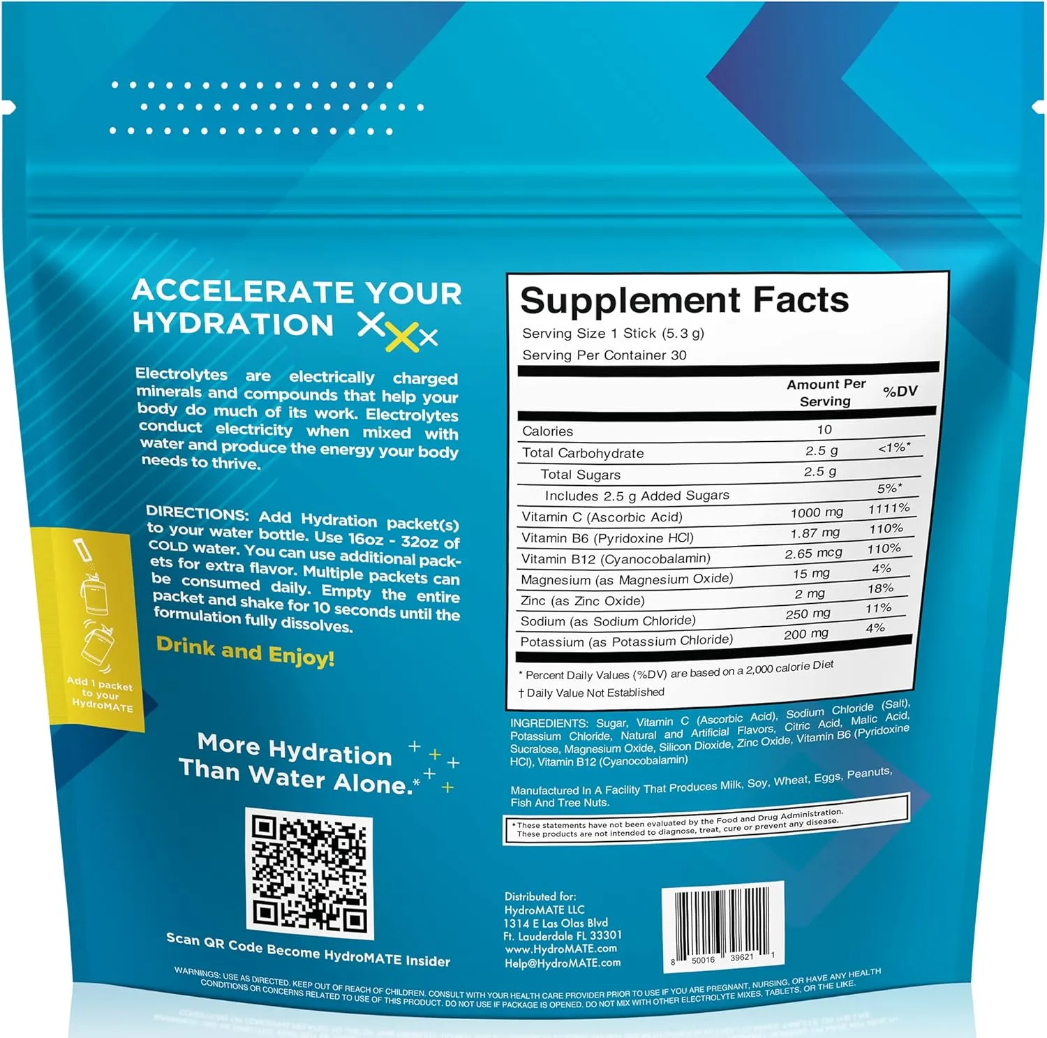 HydroMATE Electrolytes Powder Low Sugar - 30 Count Lemon Lime Instant Hydration Packets with Vitamin C to Boost Energy - Low Sugar Electrolytes Powder Packets to Support Hydration Fast Party Recovery