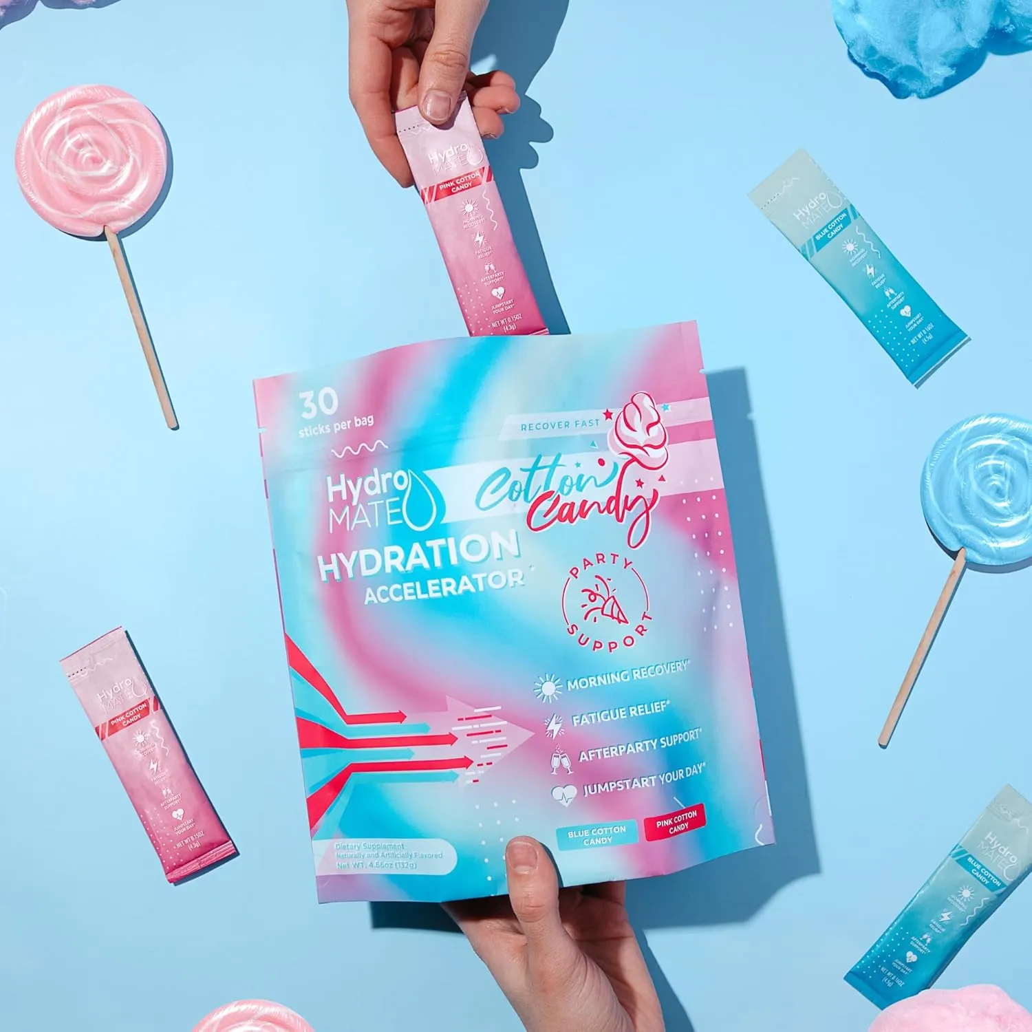 HydroMATE Electrolytes Powder No Sugar Cotton Candy - 30 Count Instant Hydration Packets with Vitamin C to Boost Energy - Sugar Free Electrolytes to Support Hydration on Keto Diet & Party Recovery