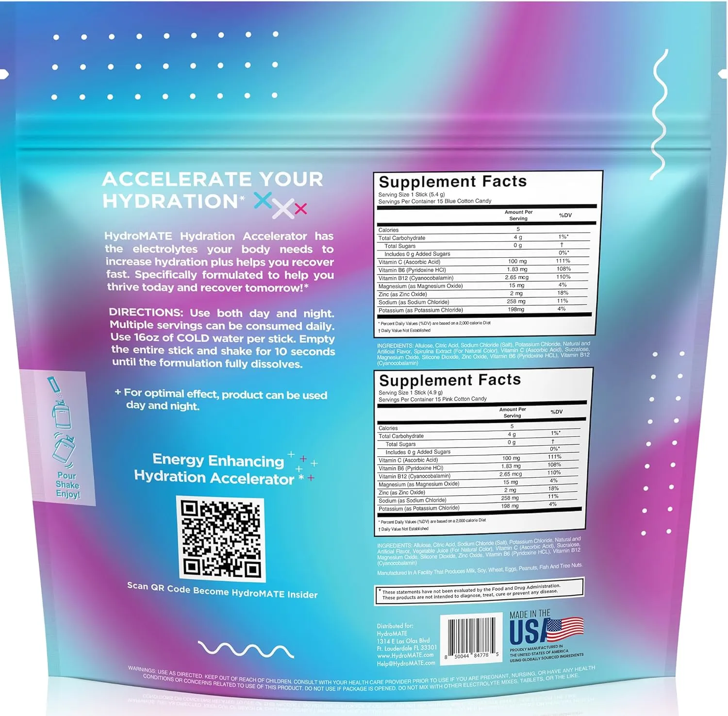 HydroMATE Electrolytes Powder No Sugar Cotton Candy - 30 Count Instant Hydration Packets with Vitamin C to Boost Energy - Sugar Free Electrolytes to Support Hydration on Keto Diet & Party Recovery
